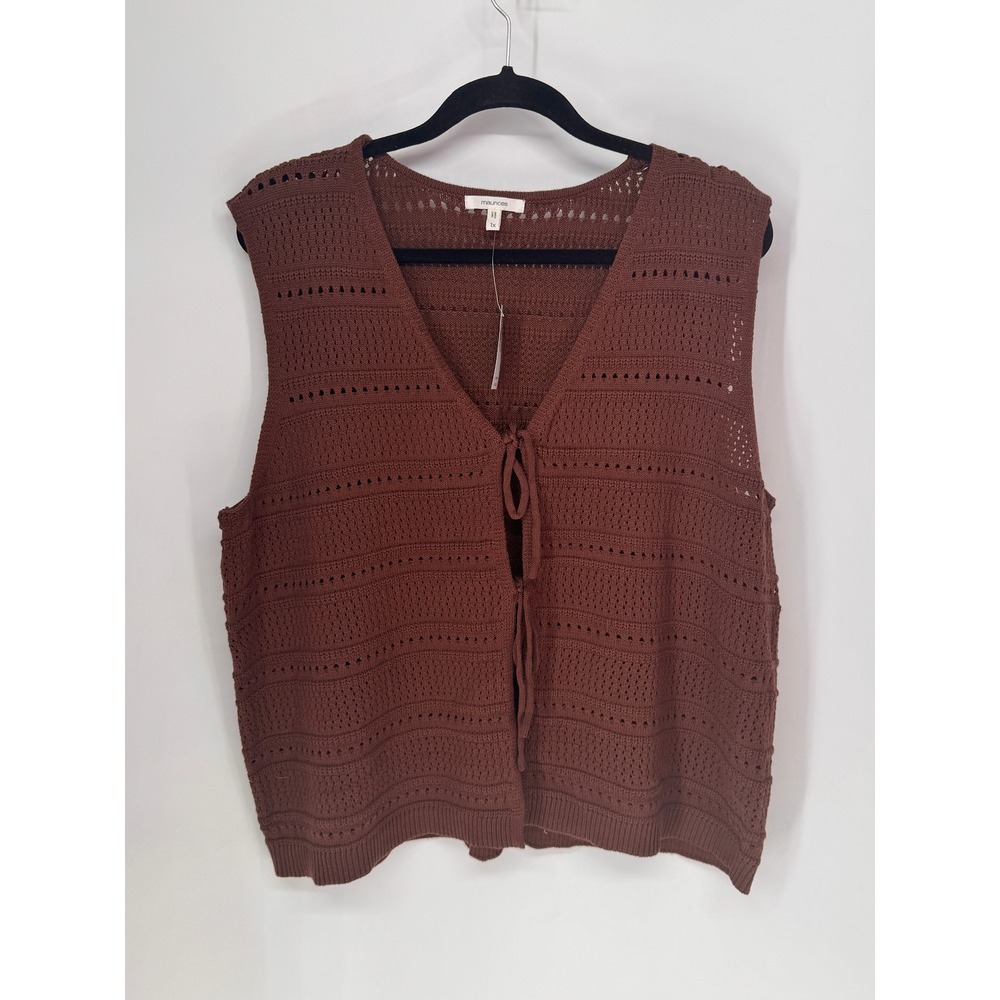 Maurices Sweater Vest Women 1X Brown NWT Crochet Pointelle Tie Front Boho